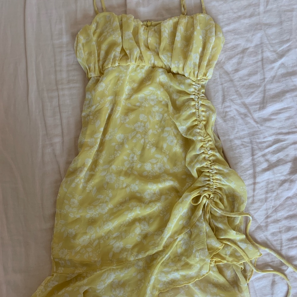 Yellow Floral Ruched Dress